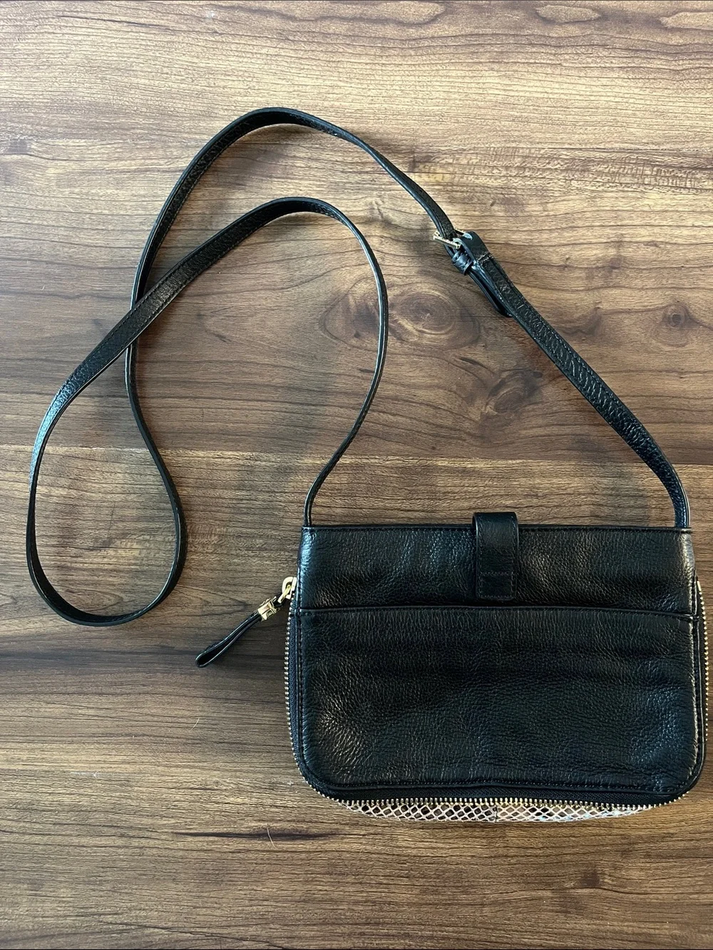 Tory Burch Mini Expandable Zip Soft Black Leather Crossbody Bag